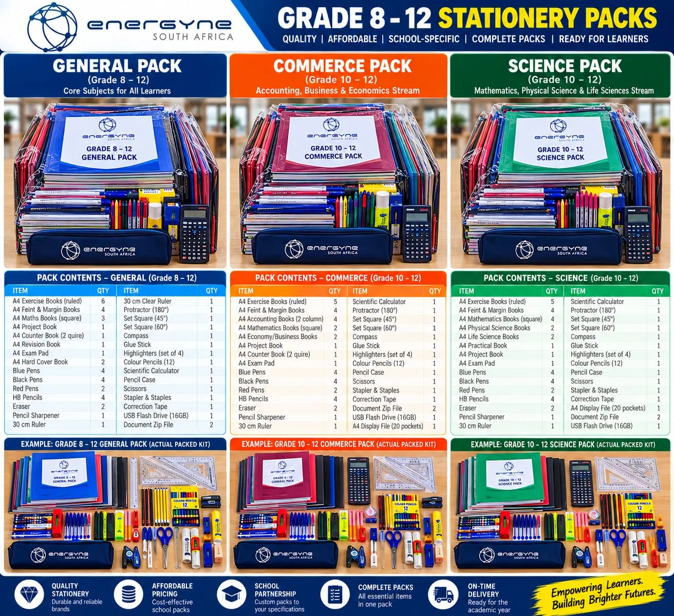 Stationery packs for Grades 8 to 12